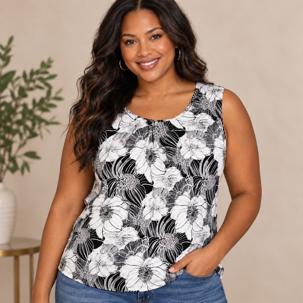 T Tahari Pleat Neck Floral Tank Women's Medium Office Siren Artsy Capsule Resort